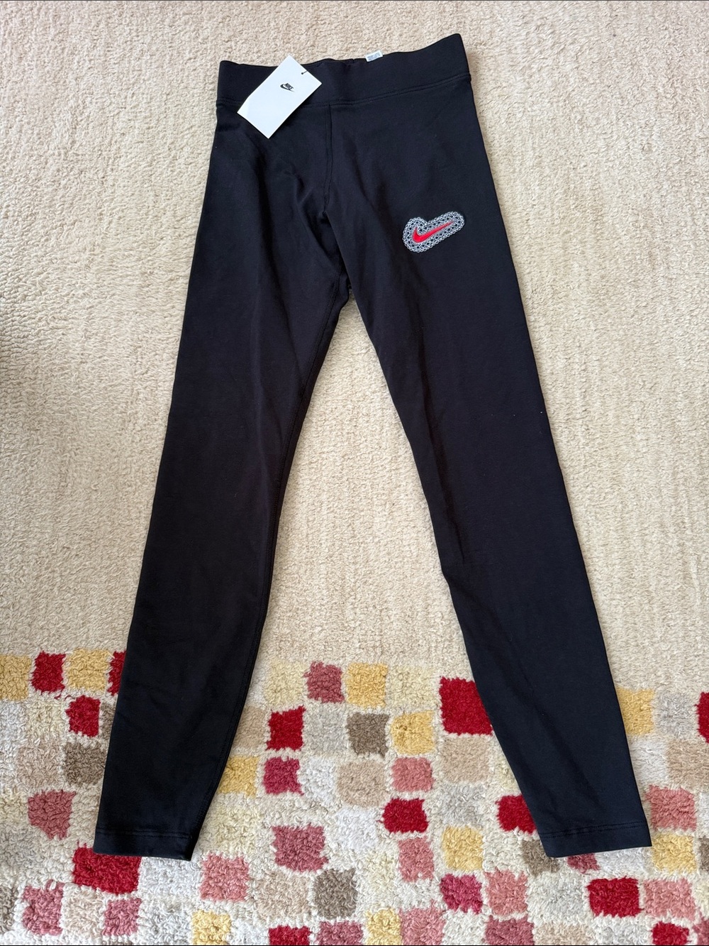 NWT Nike Black Leggings with Red & Gray Swoosh Accent size small